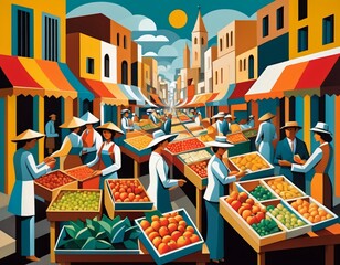 Vibrant Farmers Market Scene with People and Fresh Produce Under Bright Sky