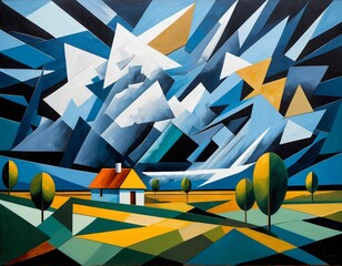 Geometric Artistic Representation of a Countryside Landscape with Vibrant Colors