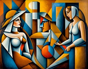 Geometric Cubist Style Depiction of Three Women in Vibrant Colors