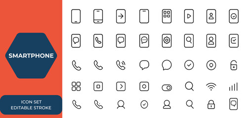Black smartphone icon set, simple mobile phone vector template, clean white and black design, modern digital device illustration, phone interface symbols, gadget UI icons and more.