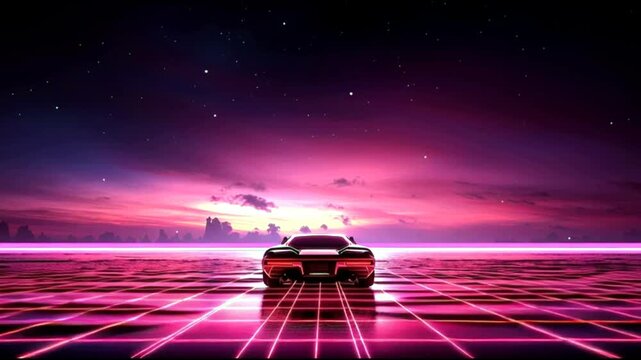 Retro futuristic car driving toward neon sunset on virtual beachscape