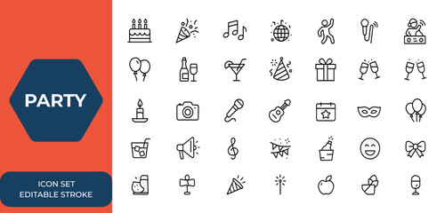 Web and mobile app party icons set in line style. Celebration and anniversary icons with music, dancing, karaoke, DJ, congrats, festive vector illustration, event, nightlife, fun, entertainment