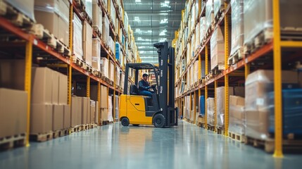 Forklift loader and pallet stacker truck operating inside a large warehouse storage facility with industrial shelves and cardboard boxes for logistics, shipping, and supply chain distributioninterior
