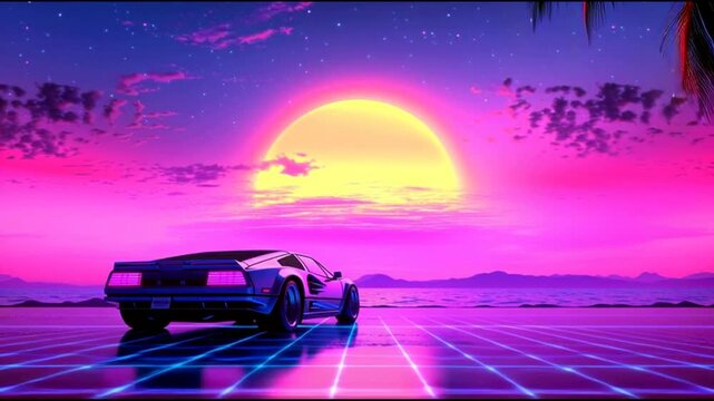 Retro futuristic car at sunset:neon paradise with dreamy tropical vibes and cyberpunk aesthetic