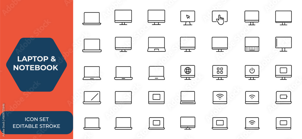 Poster laptop and notebook vector icon set. computer monitor display with blank screen isolated on white ba