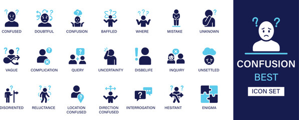 Confusion icon set collection. Confused, doubtful, confusion, baffled, where, mistake, unknown, vague, complication, query and best solid icon set.