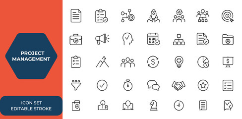 Line style project management icon set for business and organization. Mobile and web app icons for time management, startup, marketing, planning, and project tasks. Vector illustration and more. © Vintage studio