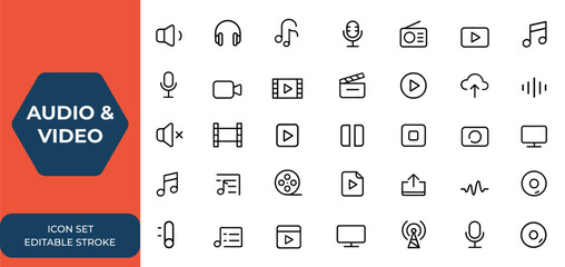 Audio and video web icon set in line style. Music, podcast, radio, video media player, and song icons for mobile and web apps. Vector illustration, multimedia, streaming, sound and more.