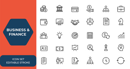 Line style web icon set for business and finance. Icons for money, bank, payment, management, teamwork, wallet, office, and business process on mobile and web. Vector illustration, commerce, finance