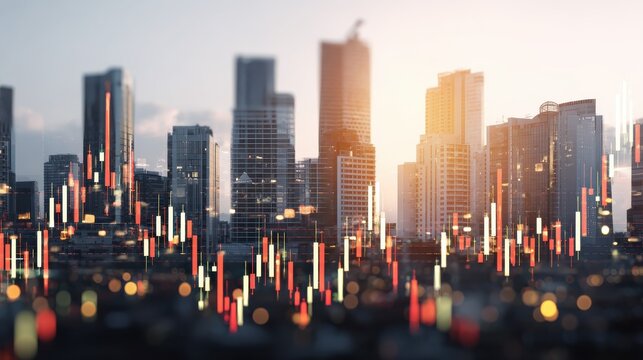 Forex trade market and development concept with growing digital candlestick and indicators on sunny skyscrapers background. Double exposure, no logos, no brands