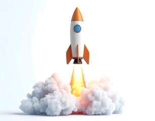 Obraz premium Cartoon rocket launching, bright white background