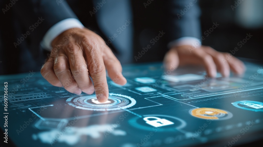 Poster business person analyzing a cybersecurity dashboard with a prominent lock icon - data security - it 