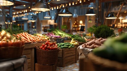 Fresh vegetables and fruits at vibrant market with warm lights