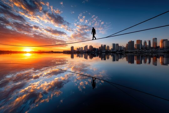 A person balances on a tightrope at sunset over a city skyline and calm water - Powered by Adobe