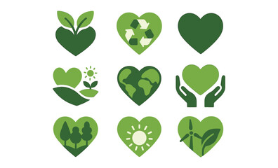 Sustainable heart icons celebrating eco-friendly practices in green
