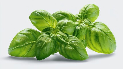 Obraz premium A detailed view of vibrant, fresh Italian basil set against a clean white background showcases its richness and appeal. Basils freshness stands out beautifully here.
