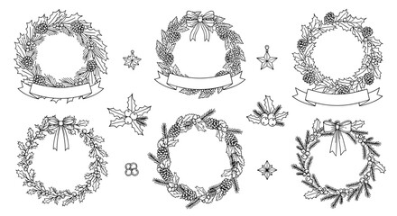 Obraz premium Decorative Christmas Wreaths and Festive Embellishments for Seasonal Decor, Holiday Crafting and Winter Celebration Designs