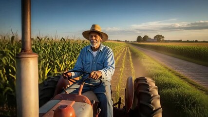 African American man driving a red tractor through a lush green cornfield, with a clear blue sky and distant trees, showcasing rural farming life and agricultural practices