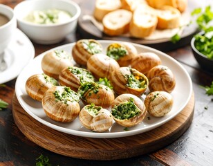 Escargots on a plate with creamy filling and fresh herbs, alongside bread and sauce
