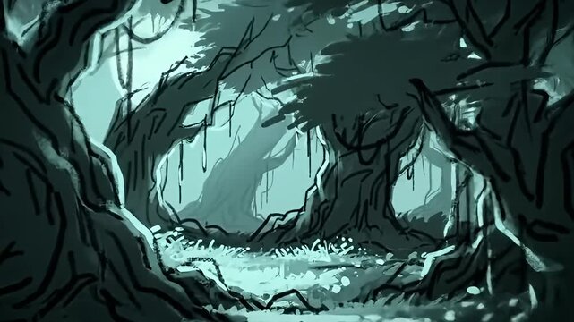Mystical, dark forest with winding trees and hanging vines in a painted style