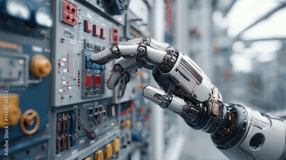 Poster humanoid robot manipulating industrial control panel, representing advanced automation technology wi