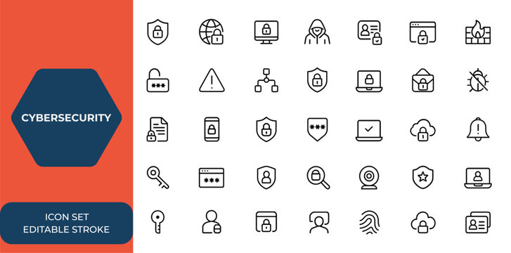 Web icon set of cybersecurity in line style. Includes data protection, network security, hacking, privacy, secured technology, personal information, digital safety, editable stroke and more.