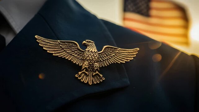 A golden eagle emblem on a uniform symbolizes honor and service as the sun sets
