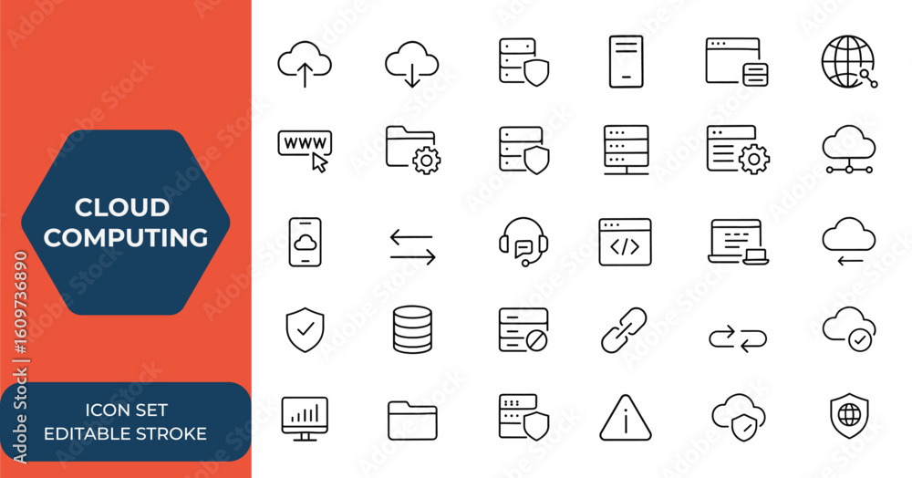 Aufkleber cloud computing and web hosting icon set in line style. mobile and web app icons for server, domain,