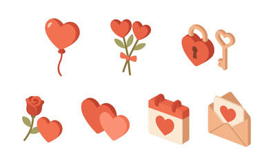 Romantic isometric icons featuring hearts, flowers, and love symbols