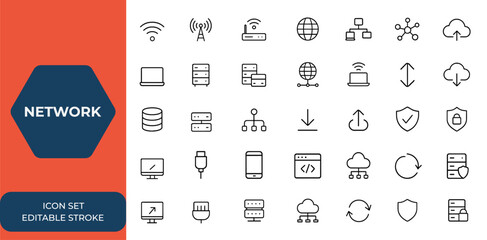 Linear network web icon set. Editable stroke collection of wireless, communication, internet, connection, IT, technology, router, signal, information technology icons for web and mobile apps and more.