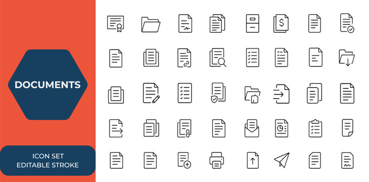 Line style document icon set. Linear web icons collection featuring certificate, folder, contract papers, approved, archive, invoice, clipboard, accept, editable stroke, business, paperwork and more.
