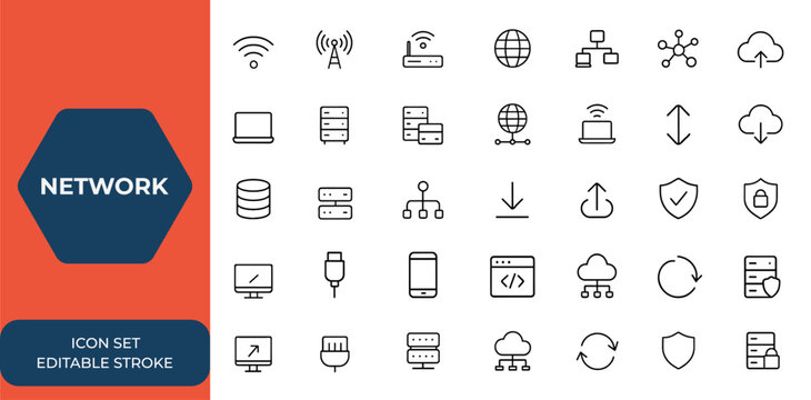Linear network web icon set. Editable stroke collection of wireless, communication, internet, connection, IT, technology, router, signal, information technology icons for web and mobile apps and more.