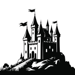 Stylized silhouette of a majestic medieval castle on a hilltop © ariyan