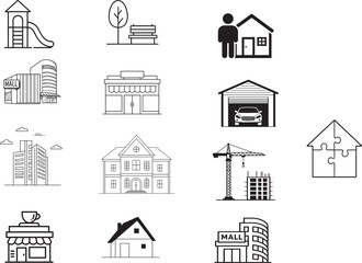 Diverse Community Infrastructure and Housing Outline Illustrations Representing Real Estate, Construction, Leisure, and Commerce with Playgrounds, Parks, Malls, and Residences