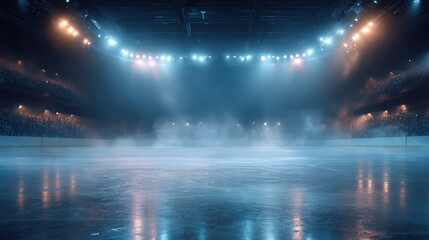 Obraz premium Professional ice rink sport arena.Hockey stadium with spotlights, steam. Ice textured background. Sport banner with copy space. Generative ai.