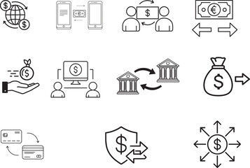 Fototapeta premium Financial Transaction Icons Set Depicting Money Transfers Banking and Global Exchange of Funds
