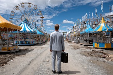 Businessman stands alone at a deserted carnival with colorful rides and clear blue sky