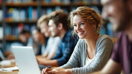people, education, technology and school concept - happy students with laptop computer networking in library, no logos, no brands