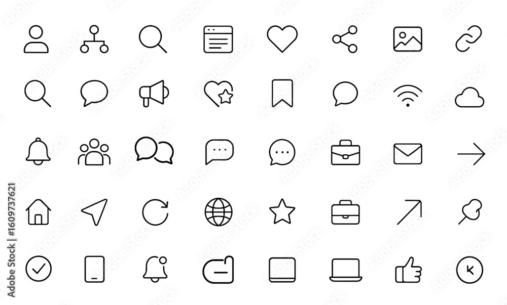 Poster social media and web icon set in line style for mobile app and website. business marketing icons wit