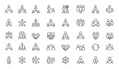 Line style web icon set for networking. Social network linear icons collection featuring business, online community, relationship, network, people, connection, editable stroke, digital and more.