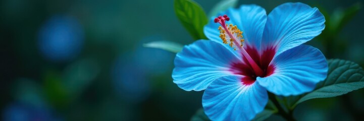 Rain-kissed blue hibiscus, vibrant petals, glistening drops , image, stock photo
