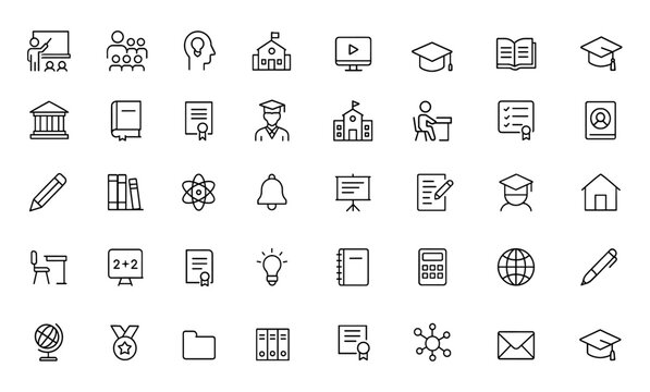Education web icons set in linear style for mobile and web apps. Classroom, students, learning, back to school, knowledge, online education vector illustration, e-learning, study tools and more.