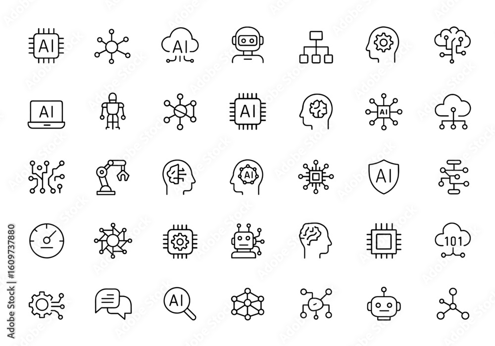 Poster ai technology icon set for web and mobile apps. machine learning, artificial intelligence, cloud com