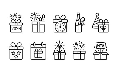 Minimalist new year celebration icons with presents, clocks, and fireworks