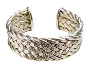 A detailed silver woven cuff bracelet, showcasing intricate braided metalwork, isolated on a transparent background
