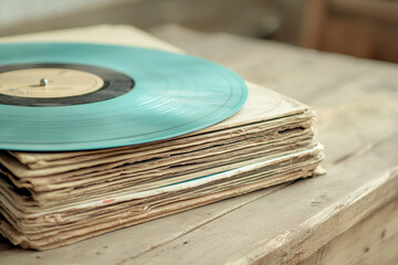 Fototapeta premium Old vinyl records creating a cozy clutter on a wooden table