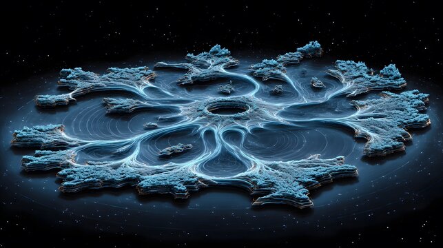 Abstract fractal art design with blue and white glow on a dark background - Powered by Adobe