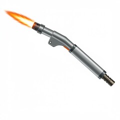 A silver blowtorch with a bright orange flame emanating from its nozzle, isolated on a white background.
