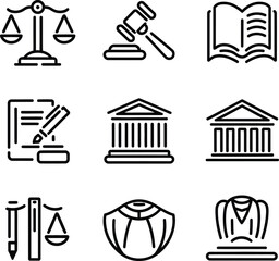 Simple Line Icons Representing Key Elements of the Legal System