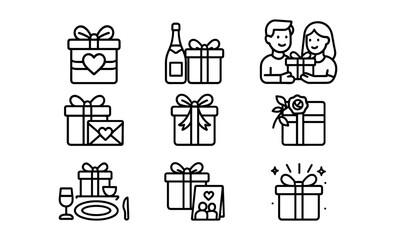 Outlined gift icons for celebrations and romance